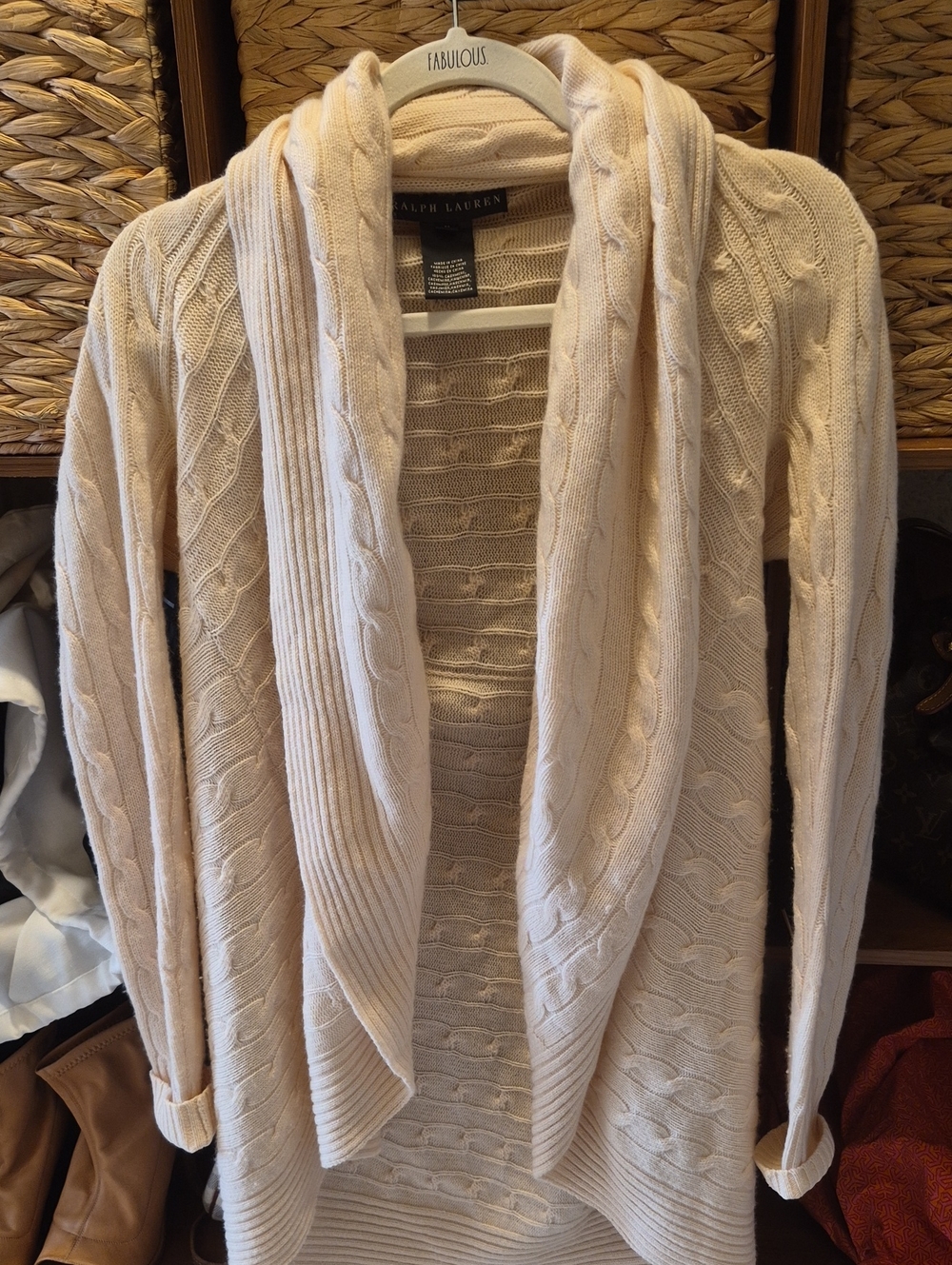 Ralph Lauren Cashmere Cable-Knit Shawl Collar Cardigan Cream Medium